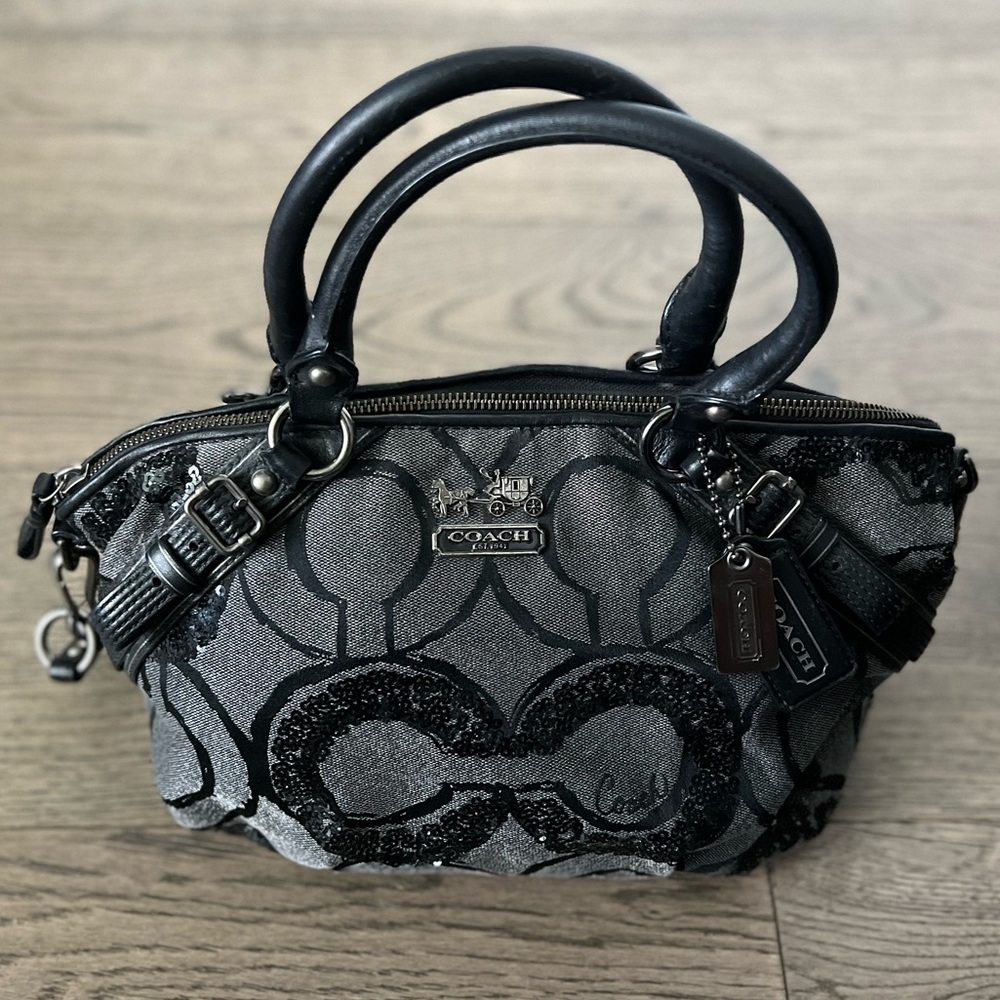 Coach Madison Signature Op Art Sophia Sequin Metallic Satchel Shoulder Bag XL J1